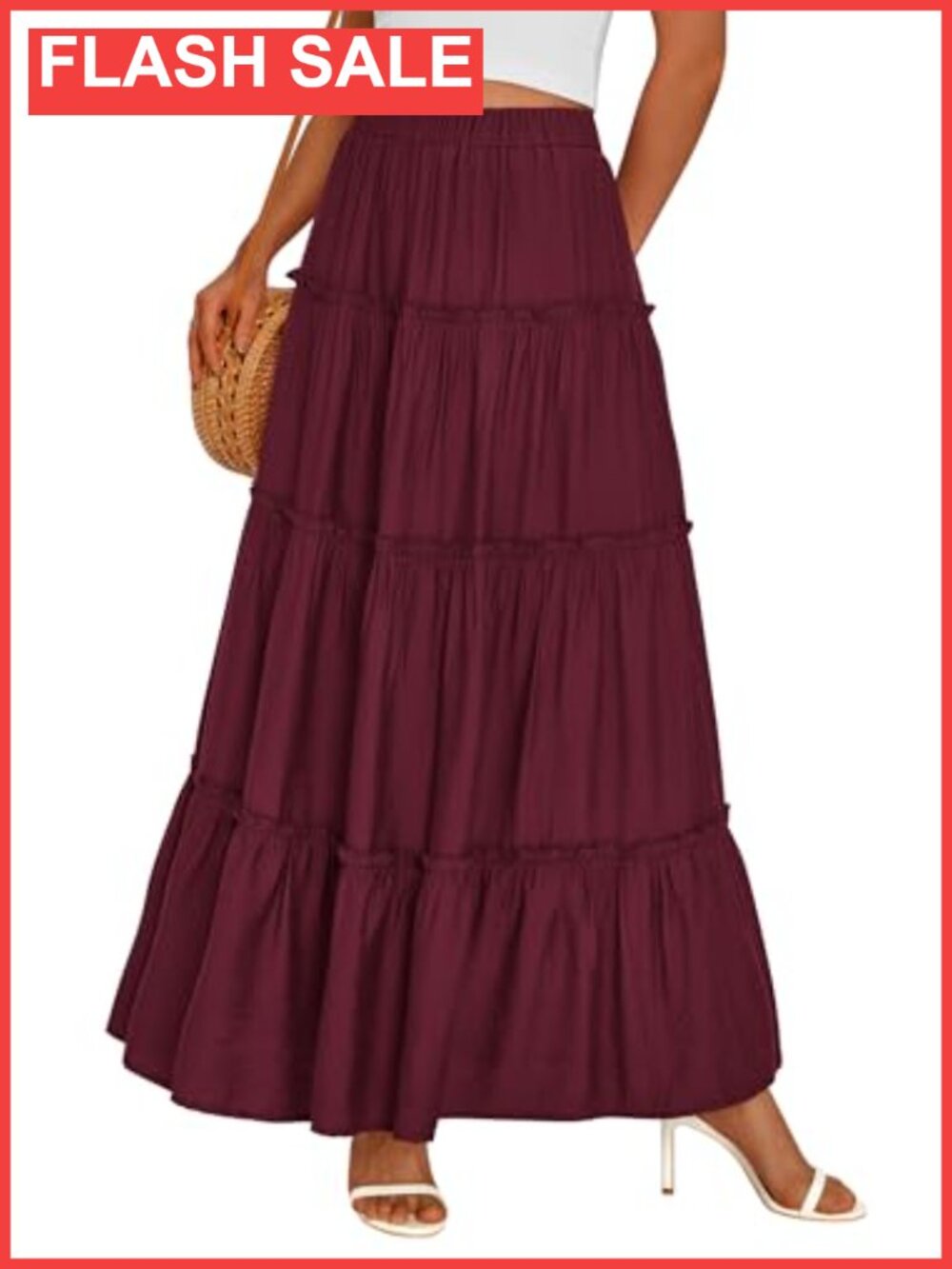 Boho Tiered Ruffle Flowy Maxi Skirt Elastic Waist Pull-On Side Pockets